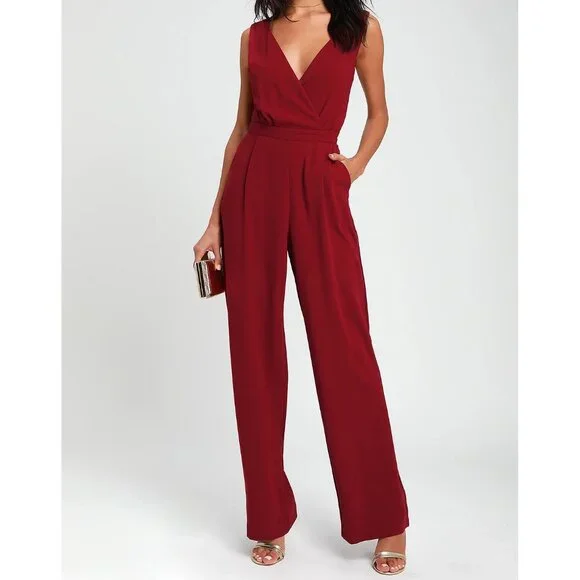 LULUS (XL) Burgundy Kiska Jumpsuit Dressy Red Lace V-Neck Surplice Sleeveless - Picture 1 of 16